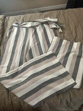 VENUS Striped Linen Pants in Gray Tan & White